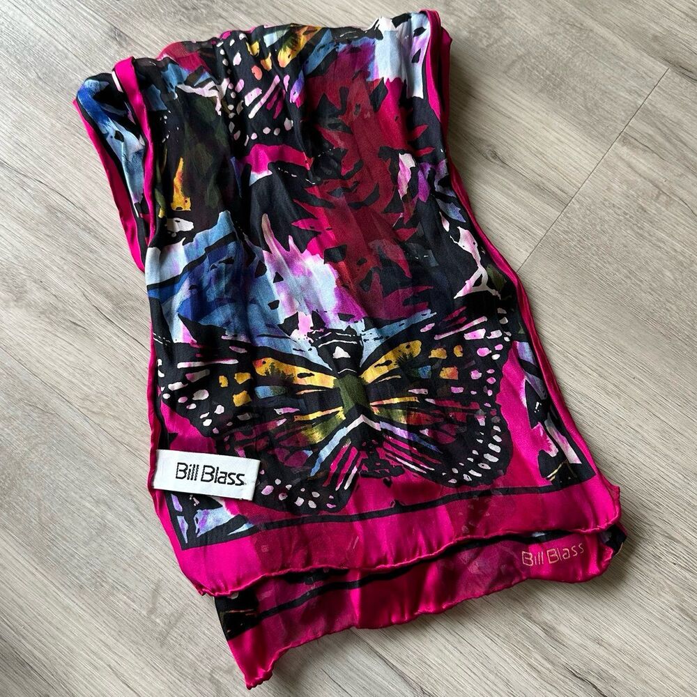 Vintage Bill Blass 100% Silk Scarf Butterfly Basha Scarves Fuschia Pink Monarch